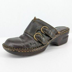 BOC Wedge Comfort Clogs 7 Dark Brown Leather Double Bronze Side Buckle Slip On